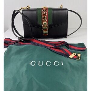 Gucci Sylvie Web Black Leather Shoulder Bag with dust bag & COA authenticated